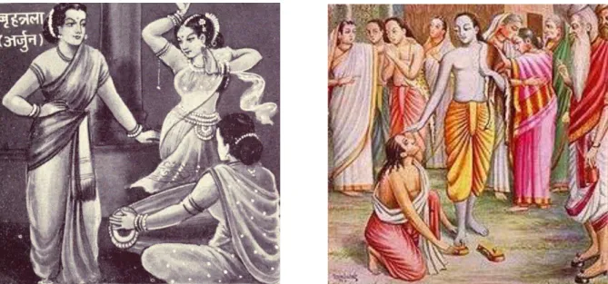 Figure 4. Left:  Brihannala, Arjun as a eunuch in Mahabharata; Right: Lord Rama blessing Hijras after returning to Ayodhya  after 14 yrs