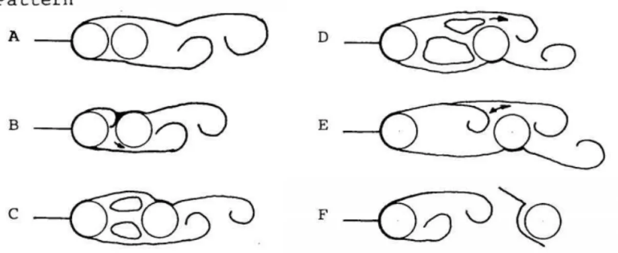 Figure 1.7: Different flow patterns for tandem cylinders.