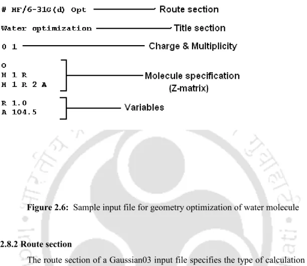 Figure 2.6:  Sample input file for geometry optimization of water molecule