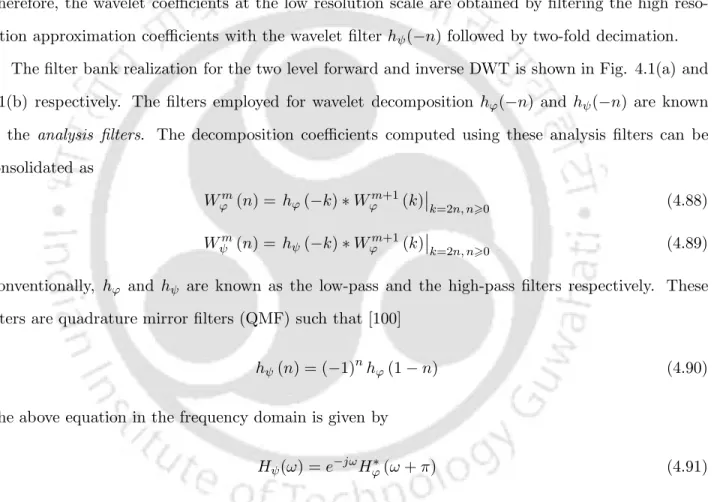 Fig. 4.1(b), details the structure of the synthesis filter bank. The approximation coefficients at