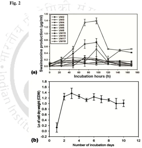 Fig. 1. (a) Screening of M. anisopliae strains for swainsonine production in 2 % (w/v)  oatmeal  fermentation  medium