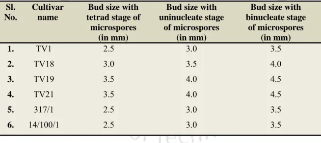 Table 3.1: Bud size bearing different stages of microspores in the selected cultivar. 