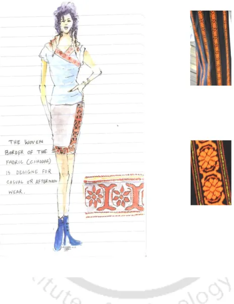 Fig: 11 Design ideas explored in the field visits with observation of ethnic fabric and  pattern and how they may be converted into day to day apparel use