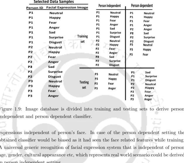 Figure 1.9: Image database is divided into training and testing sets to derive person independent and person dependent classifier.