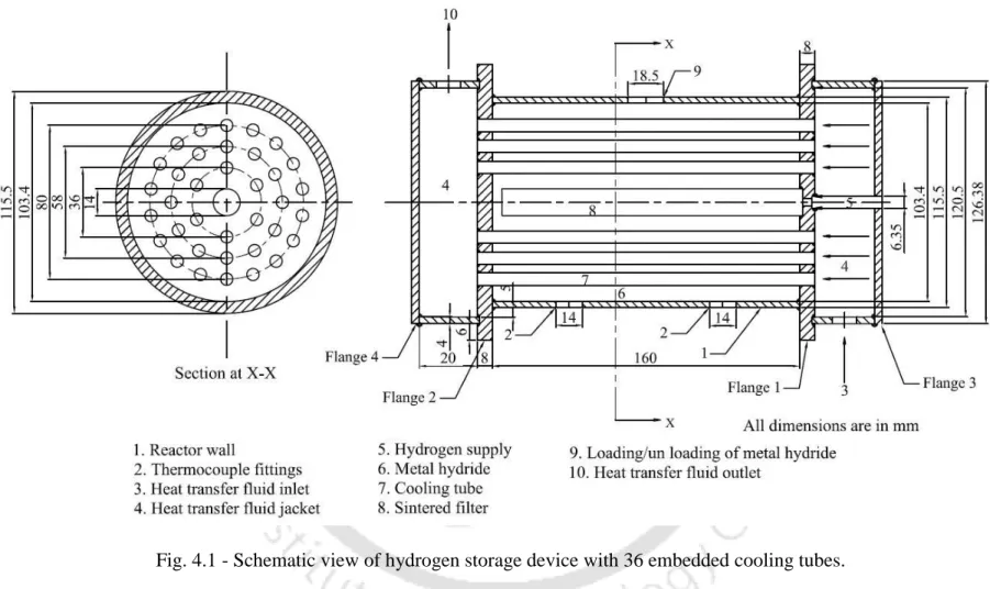 Fig. 4.1 - Schematic view of hydrogen storage device with 36 embedded cooling tubes. 