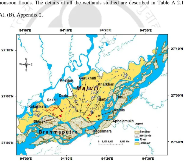 Figure 2.1 Map of Majuli River Island showing sampling sites 