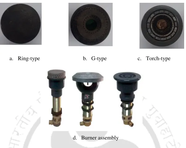Fig. 3.2. Different types of conventional medium-scale LPG cooking stove’s burner head (a,  b, c) and burner assembly (d) available in the Indian market conventional medium-scale LPG  cooking stoves 