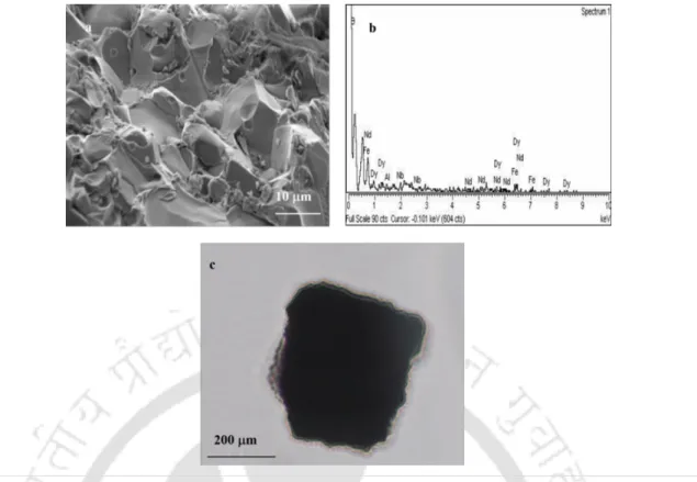 Figure A2.7. Characterization of the NdFeB rare earth magnet. (a) SEM image of a piece of crushed magnet