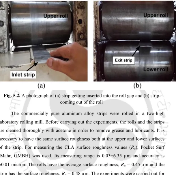 Fig. 5.2. A photograph of (a) strip getting inserted into the roll gap and (b) strip  coming out of the roll 