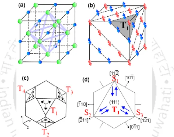 Figure 2.01: Schematic representation of collinear arrangement of magnetic (a) cation of  NiO, (b,c) T 1  domains and (d) S 1  domain