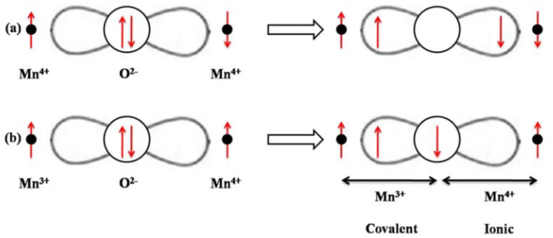 Figure 2.19: Arrangement of spins and orbitals in (a) an AFM super-exchange interaction,  and (b) a FM super-exchange interaction