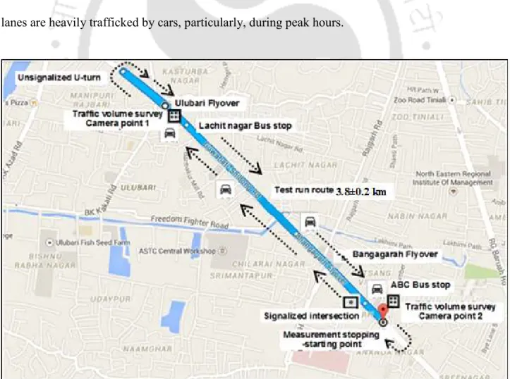 Figure 3.1a Test–run route in the urban centre of Guwahati (Source: Google map,  accessed on 25 January 2015) 