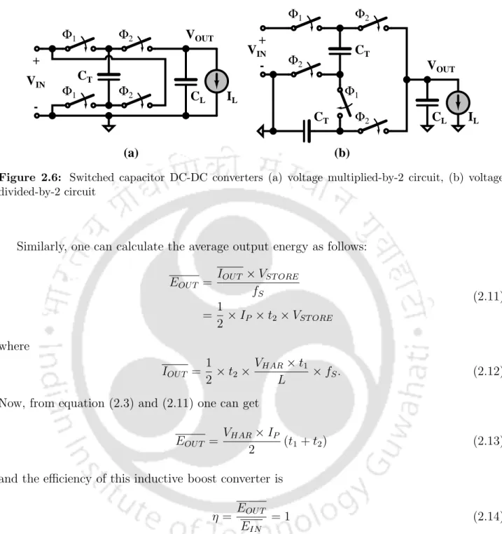 Figure 2.6: Switched capacitor DC-DC converters (a) voltage multiplied-by-2 circuit, (b) voltage divided-by-2 circuit
