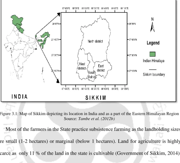 Figure 3.1: Map of Sikkim depicting its location in India and as a part of the Eastern Himalayan Region Source: Tambe et al