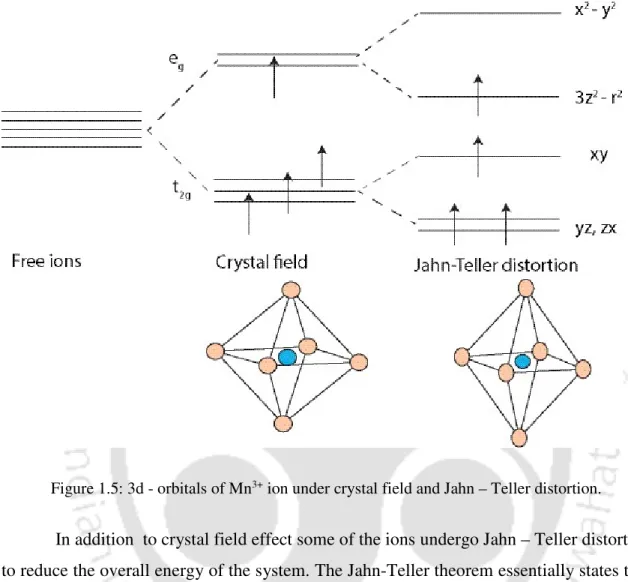Figure 1.5: 3d - orbitals of Mn 3+  ion under crystal field and Jahn – Teller distortion