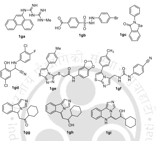 Figure 1.10. Other reported potent inhibitors. NSC401366 (1ga) from the NCI Diversity  set,  benzenesulfonyl  hydrazide  (1gb),  ebselen  (1gc),  aminonitrile  derivative  (1gd),   N-Benzo[1,3]dioxol-5-yl-2-(5-p-tolyl-thiazolo[2,3-c][1,2,4]triazol-3-ylsulf