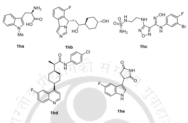 Figure  1.11.  Few  potent  IDO1  inhibitors  in  clinical  study;  Indoximod  (D-1MT)  (1ha),  Navoximod  (NLG-919  analogue,  1hb),  Epacadostat  (INCB024360,  1hc),  BMS-986205  (1hd), PF-06840003 (1he)
