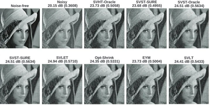 Figure 5.4: Performance comparison of salient existing and the proposed denoising methods in global and block-based processing cases at a noise level of τ = 25.