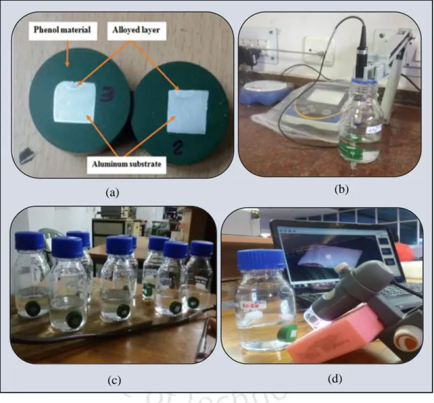 Figure 3.17 Corrosion experiment setup: (a) mounted samples, (b) pH measuring meter  (c) samples in closed glass and (d) digital camera connected to the computer for capturing  images  