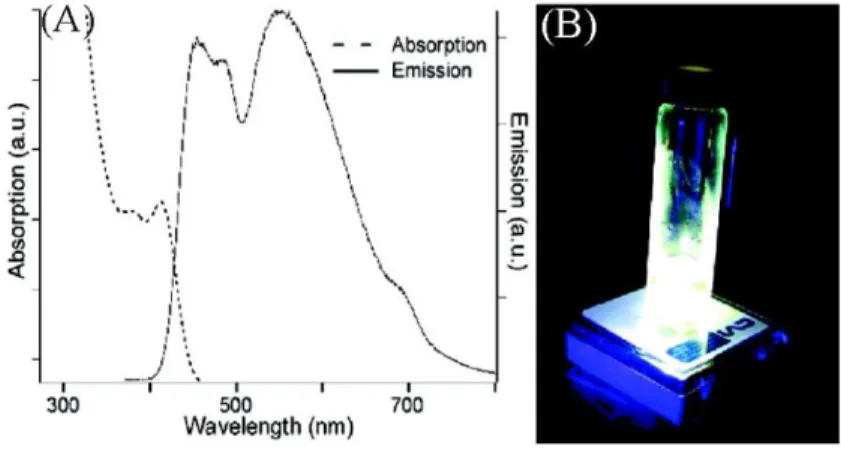 Figure 1.11. (A) Absorption and emission spectrum, and (B) digital photograph of magic sized  white light emitting CdSe Qdots