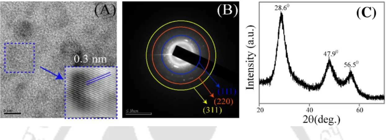 Figure 3.3. (A) High resolution transmission electron microscopic (HRTEM) image (scale bar-  5  nm)  and  corresponding  inverse  fast  Fourier  transform  (IFFT;  inset  square  box)  image;  (B)  selected  area  electron  diffraction  (SAED)  (scale  bar
