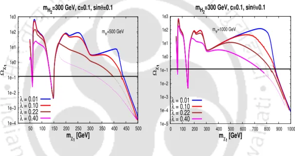 Figure 6.6: DM relic density as a function of DM mass for [left panel:] m ψ = 500 GeV and [right panel:] m ψ = 1000 GeV with different choices of λ = 0.01 (blue), 0.1 (red), 0.25 (brown) and 0.4 (pink)