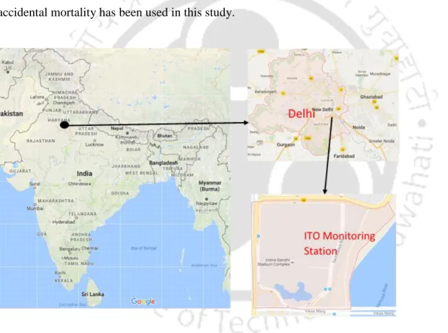 Figure 3. 1 An interactive map showing the study region (Delhi) and the location of the monitoring  station (ITO) in India