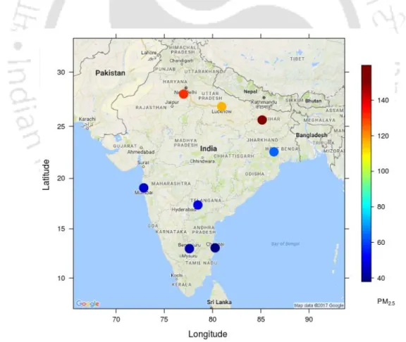 Figure 3. 2 Indian map showing the cities studied. Colour intensity shows the annual average PM 2.5 