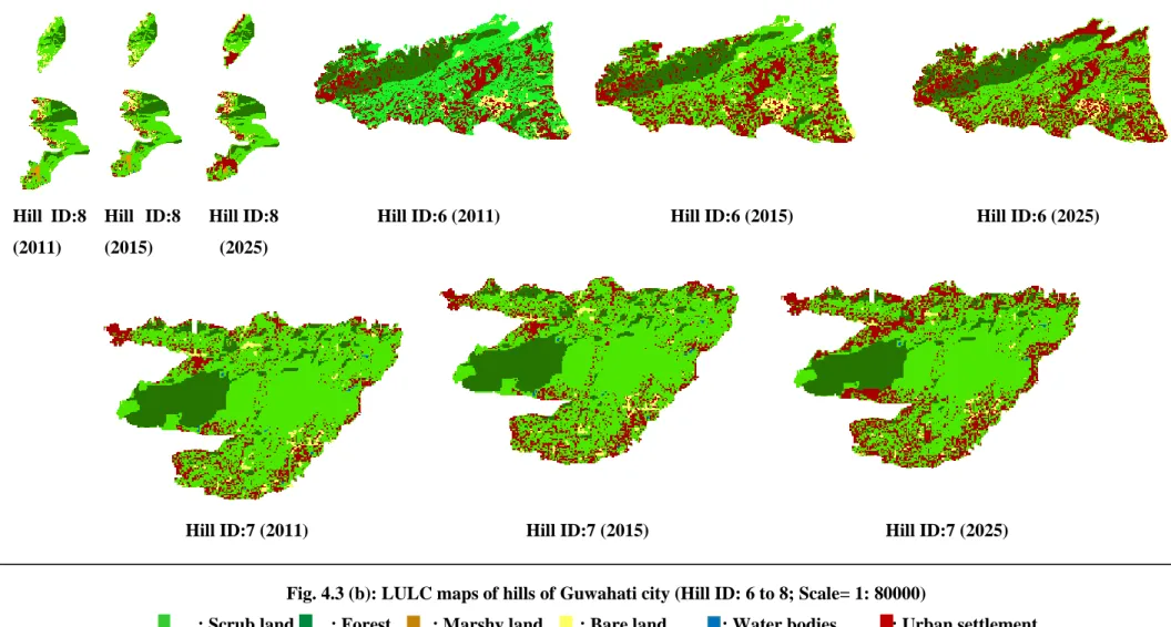 Fig. 4.3 (b): LULC maps of hills of Guwahati city (Hill ID: 6 to 8; Scale= 1: 80000)