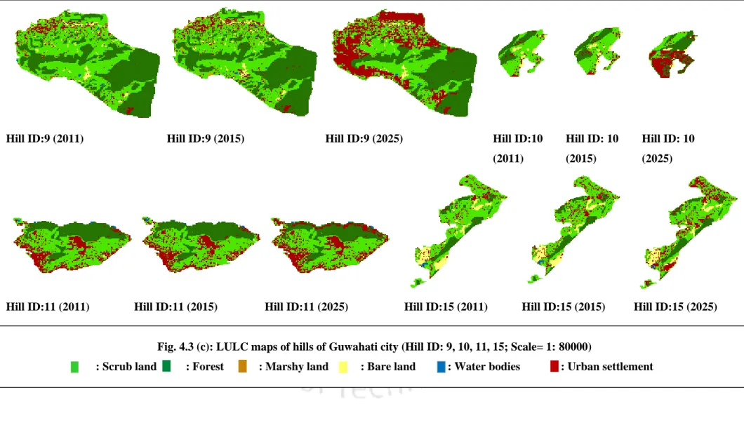 Fig. 4.3 (c): LULC maps of hills of Guwahati city (Hill ID: 9, 10, 11, 15; Scale= 1: 80000)