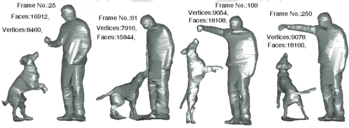 Figure 1.5: Frames of a non-isomorphic 3D animation “Dog-Man-Ball” (http://4drepository.inrialpes.fr/)