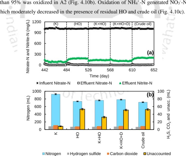 Fig. 4.9: (a) influent and effluent nitrate-N and nitrite-N in A1, (b) gas composition 