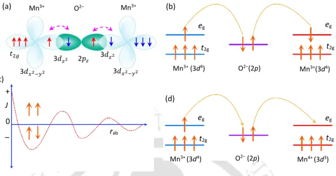 Figure 1.3. Schematic representation of different types of exchange interactions. Figure (a) depicts the direct  exchange interaction between two neighbouring ions