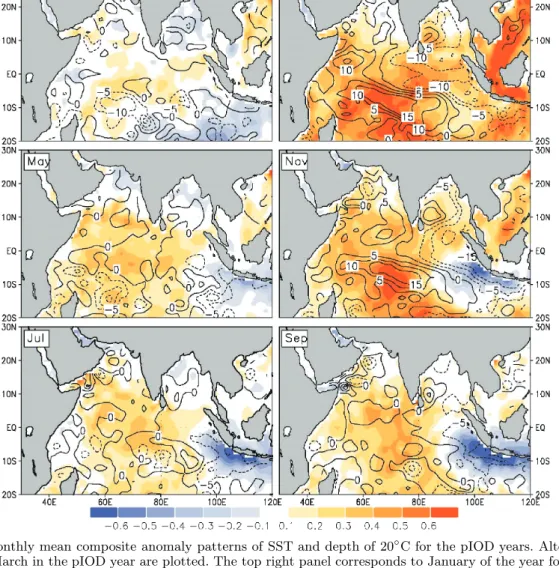 Figure 5. Monthly mean composite anomaly patterns of SST and depth of 20 ◦ C for the pIOD years