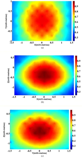 Figure 4.   Axial cross-sections (a) X-Y, (b) X-Z, (c) Y-Z of the normalized displacement  magnitude around the focal volume