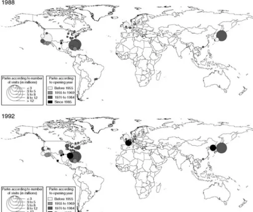 Fig. 3.1. Evolution of world location of the main theme parks, 1988-1992 (from author's own research based on Amusement Business and IAAPA data).