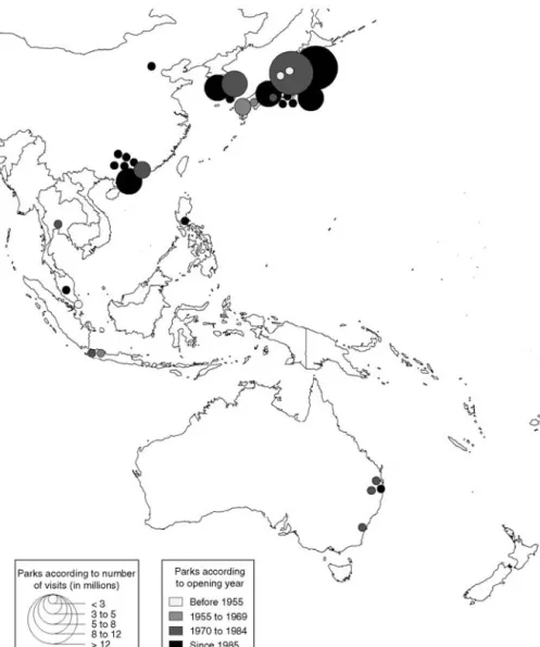 Fig. 3.5. Location of a selection of the main theme parks in Asia/the Pacific, 2002 (based on Amusement Business and IAAPA data).