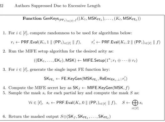 Fig. 6. Functionality computed by the MPC protocol to generate single and multi input FE keys.