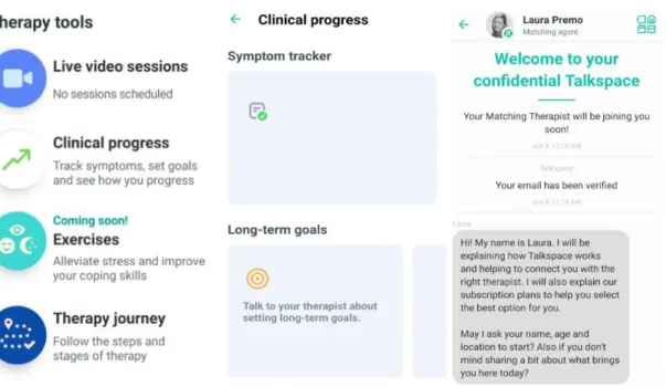 Figure 2.4 Talkspace’s therapy tools, clinical progress and live chat  Strength 
