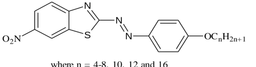 Figure 2.4: Structure of 2-(4’-n-alkoxyphenylazo)-6-nitrobenzothiazoles    nAPNB (Prajapati and Bonde, 2009) 