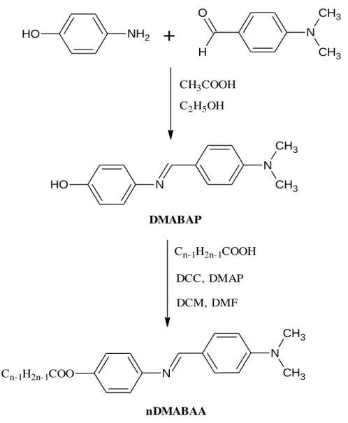 Figure 3.1: Synthetic scheme of 4-(dimethylamino)benzylidene-4’- 4-(dimethylamino)benzylidene-4’-alkanoyloxyanilines, nDMABAA 