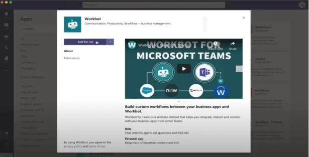 Figure 2.3 Add Workbot App into MS Teams 