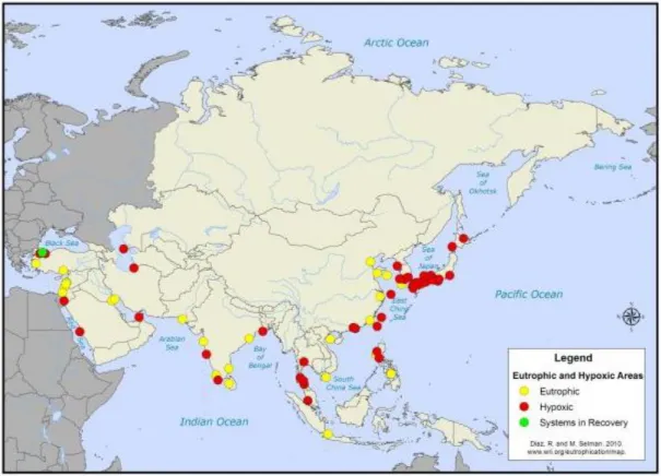 Figure 2.7: Eutrophic and hypoxic coastal areas of Asia (WRI, 2018). 