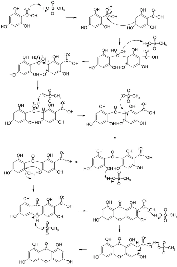 Figure 4.19: Proposed mechanism for synthesis of 1, 3, 6, 8 –                                     tetrahydroxyxanthone 