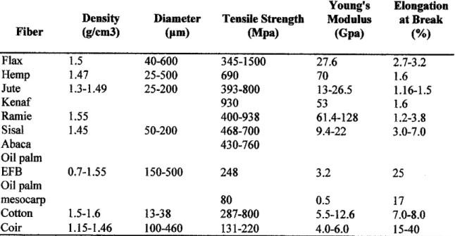 Table 2-1 Physical and mechanical properties of selected natural fibers [12].