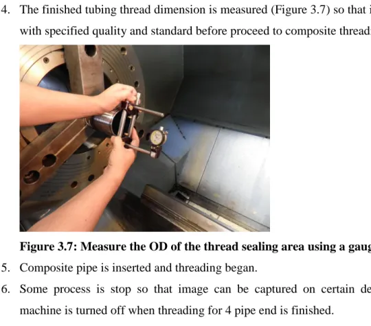 Figure 3.7: Measure the OD of the thread sealing area using a gauge  5.  Composite pipe is inserted and threading began
