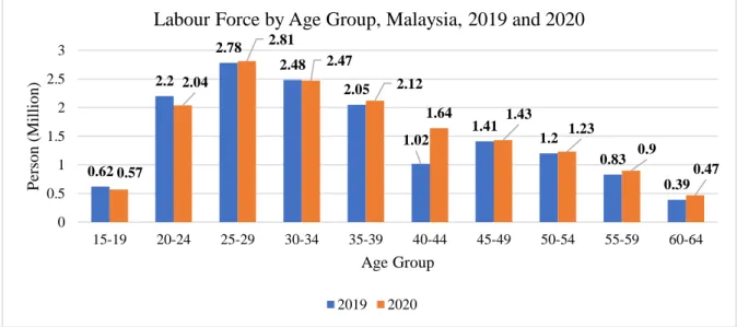 Figure 1.4. Labour Force by Age Group, Malaysia, 2019 and 2020 (Million). From  Department of Statistics Malaysia (2021) 