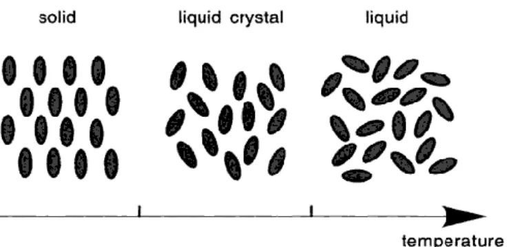 Figure 1.1: Schematic illustration of the solid, liquid crystal, and liquid                         phases.The elliptical shapes represent molecules 