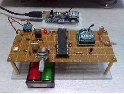 Figure 9 shows the hardware setup for transmitter of this project. The circuit on  the strip board is the one that  going to  be attached on the rescuer