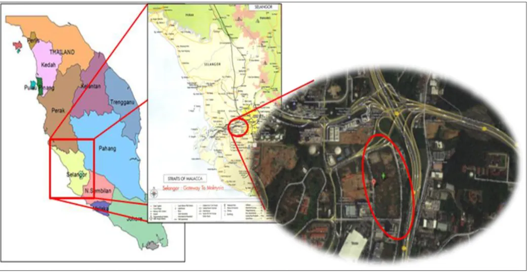 Figure 1.1: Study area with coordinates of 3.1622.31,101.614543) denotes with green arrow and it 2.5cm to 100 m scale in Google image on the  right side.
